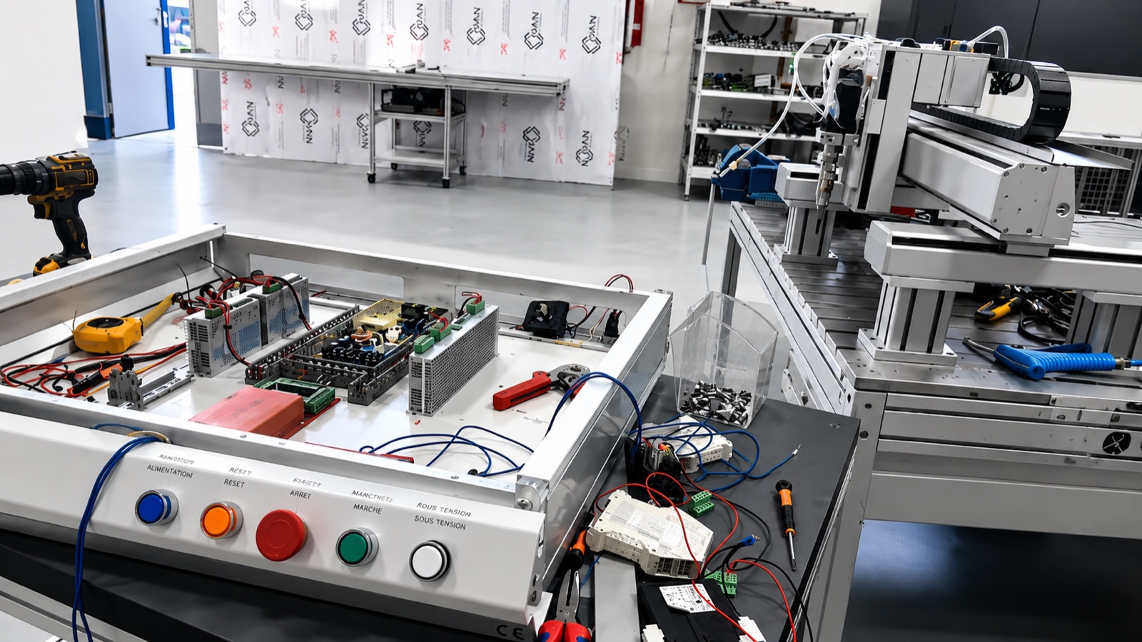 Atelier MTS de Tanger : machine de dispensing en cours de fabrication et de câblage.